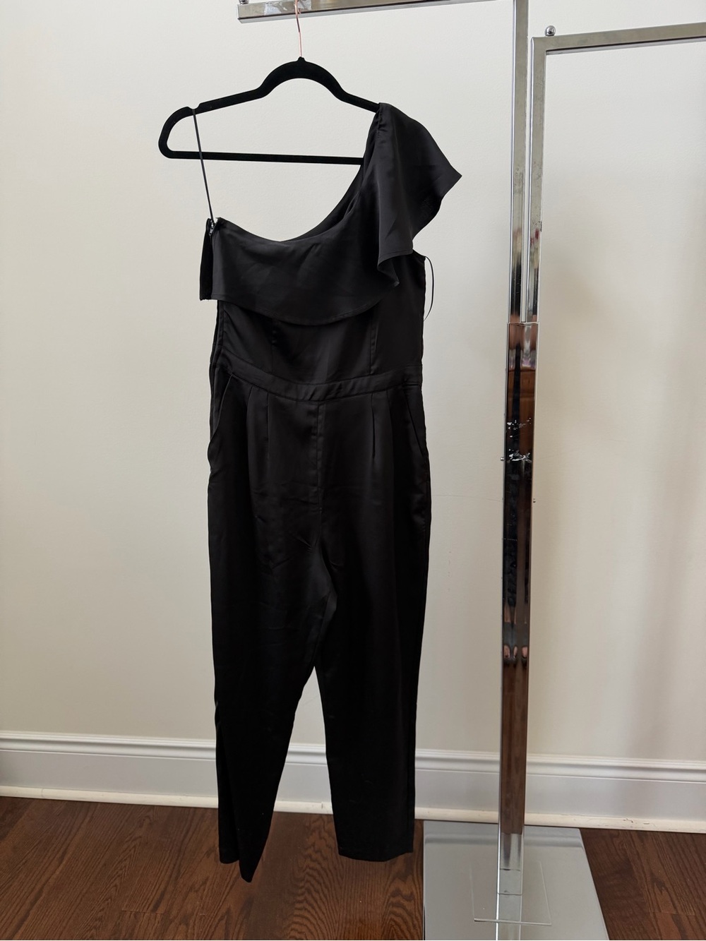 Dynamite One-Shoulder Black Jumpsuit with Ruffle
